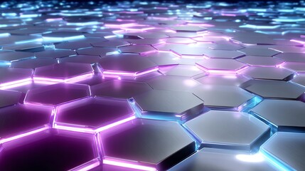 Fototapeta premium Futuristic hexagonal grid with glowing purple and blue neon lights creating a high-tech digital surface.