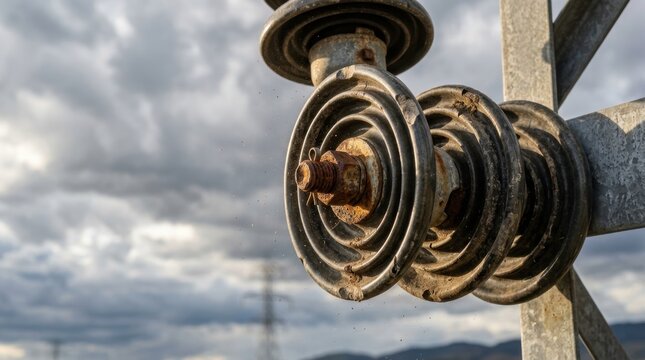 Close-up view of weathered ceramic disc insulators for high voltage electrical power transmission against a dramatic sky