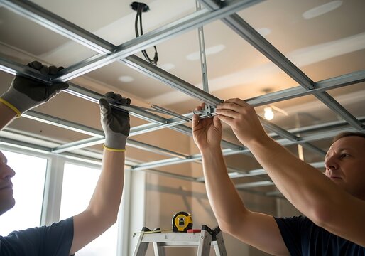 Installation of suspended ceiling system by two construction workers
