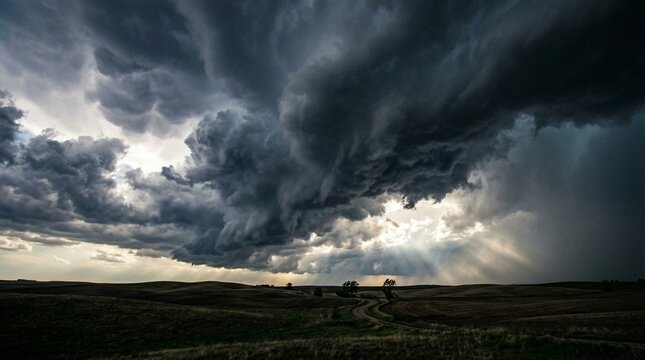 Ominous dark storm clouds and sunbeams rolling over a flat open plain