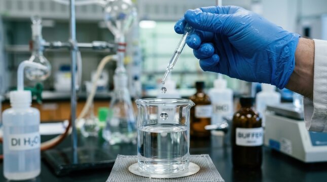 Scientist in blue nitrile glove precisely adding liquid from dropper to beaker in laboratory.