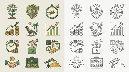 A collection of hand-drawn icons representing various aspects of finance, investment, and wealth management, presented in both color and monochrome versions. © renender
