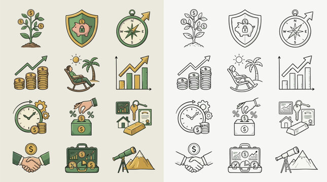 A collection of hand-drawn icons representing various aspects of finance, investment, and wealth management, presented in both color and monochrome versions.