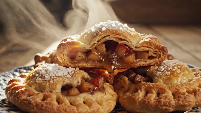 Golden Spiced Apple Pastry Turnovers With Powdered Sugar Steam Rising From Warm Filling