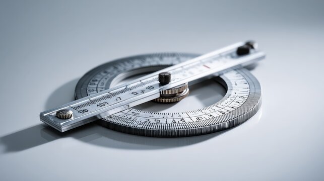 Close up of precision measuring instruments including protractor and ruler on smooth background