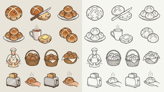 Collection of hand-drawn illustrations depicting various baked goods, including hot cross buns, bread rolls, and toast, presented in both color and monochrome styles.