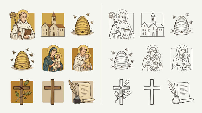 Collection of religious icons featuring saints, churches, beehives, the Virgin Mary, crosses, and writing quills, presented in both color and line art styles.