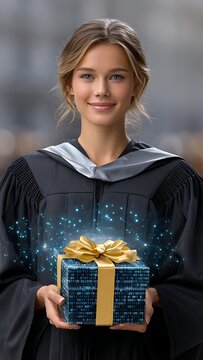 Young female graduate holding a glowing digital gift box with binary code representing the future of education and technology