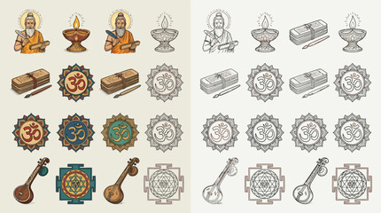 Obraz premium Collection of colorful and monochrome Indian cultural and religious icons, including deities, sacred symbols, and musical instruments.