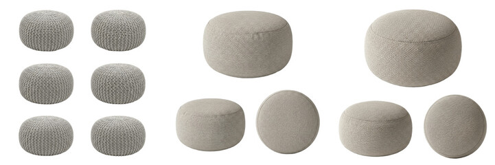 Set and collection of round fabric poufs and soft upholstered ottoman stools in beige neutral colors isolated on white transparent png background