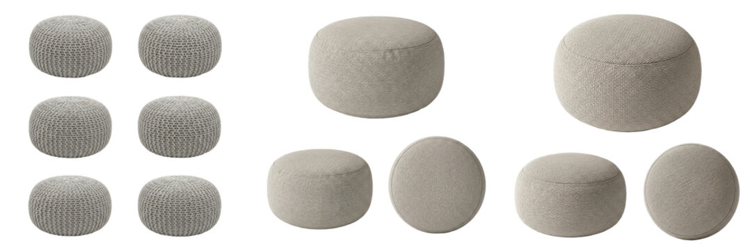 Set and collection of round fabric poufs and soft upholstered ottoman stools in beige neutral colors isolated on white transparent png background
