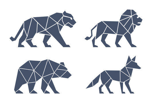 geometric low poly of animal icons (tiger, lion, bear, wolf)