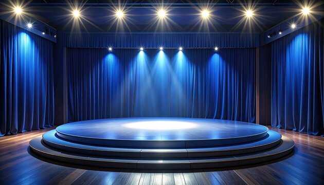 Empty circular stage illuminated by spotlights with deep blue curtains