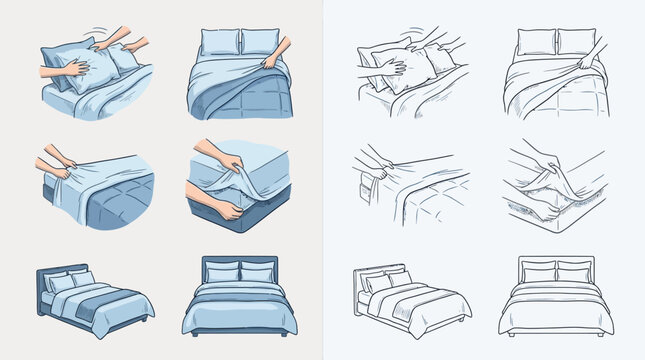 Step-by-step illustration showing how to put a duvet cover on a bed, with close-ups of hands and the final result.