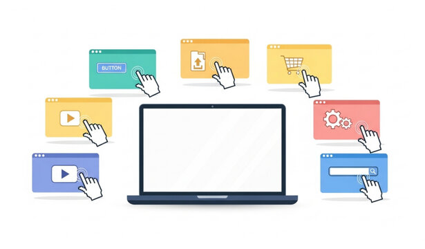 Business laptop screen with hand cursor clicking icons set representing digital workflow and online interaction on white background