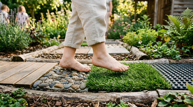 A child walks barefoot on a sensory path in a serene garden on a sunny day