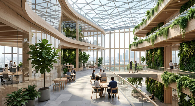 Modern biophilic office atrium with a glass roof, green walls, and diverse people working and collaborating.
