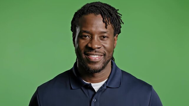 Happy man with dreadlocks smiling against vibrant green background