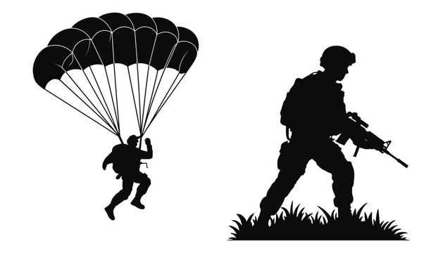 Soldier parachuting into battle with a rifle in hand at night
