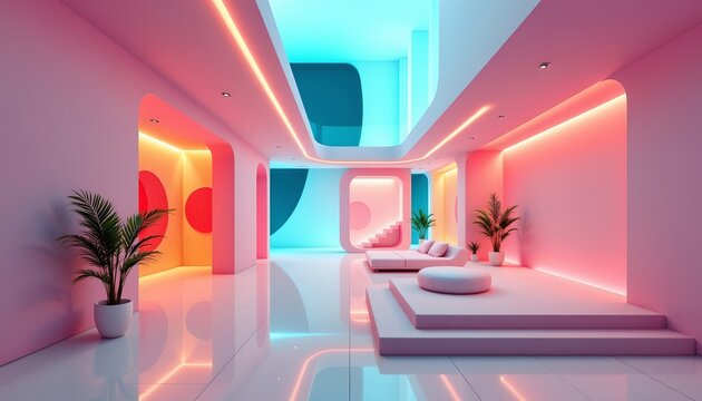Futuristic Minimalist Architecture with Neon Pastel Lighting