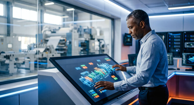 Focused mature African American male engineer interacting with a 3D digital twin on a large touchscreen console in a high-tech smart factory control room.