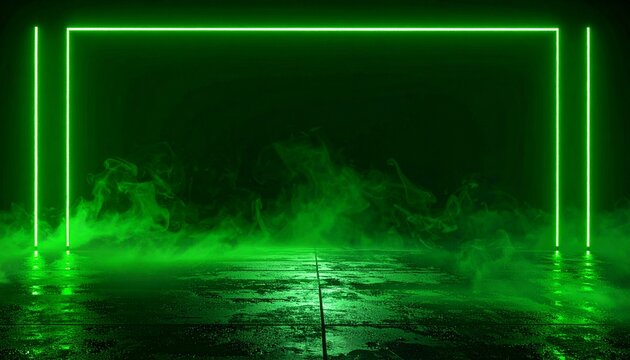Glowing green neon rectangle frame illuminating a mysterious smoky ground with reflections, perfect for digital art backgrounds