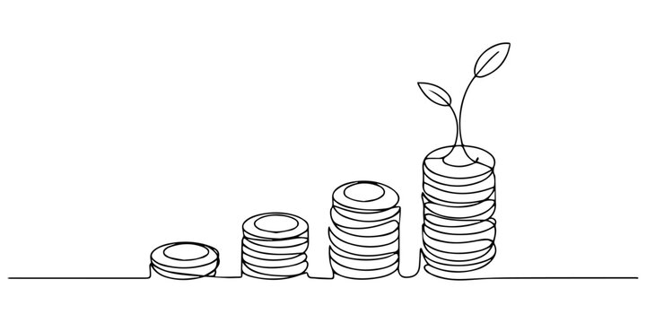Coins stack with leaves branch continuous one line drawing. Business investing concept. Vector illustration isolated on white, Money plant continuous single line drawing. Growing coin tree symbol, pro