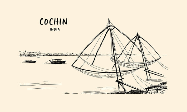 Cochin India Chinese Fishing Nets Sketch Kerala Asia
