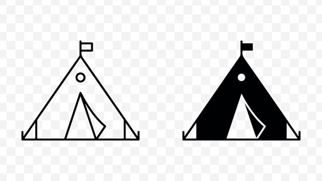 Minimalist black and white tent icons for outdoor adventure branding or camping website design isolated on Transparent Background