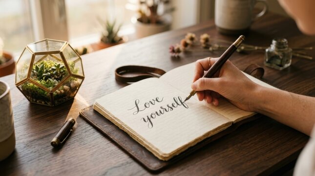Woman's Hand Scripting 'Love Yourself' in a Notebook on a Wooden Desk with Plants