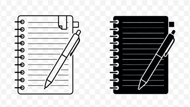 Spiral bound notebook and pen line icons for note taking and writing templates isolated on Transparent Background