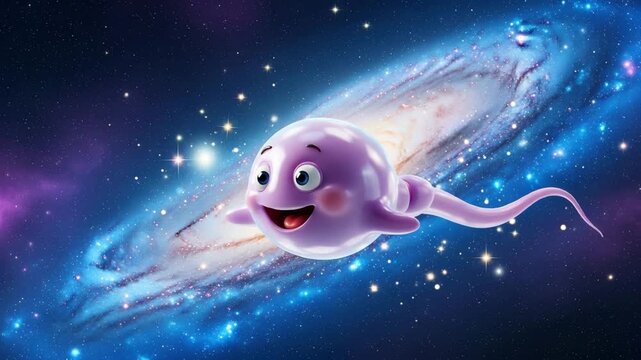 Cute purple cartoon sperm character flying in starry cosmic space