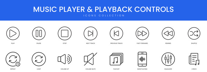 Essential minimalist icons for media players including playback controls volume settings and playlist management features © Moezza