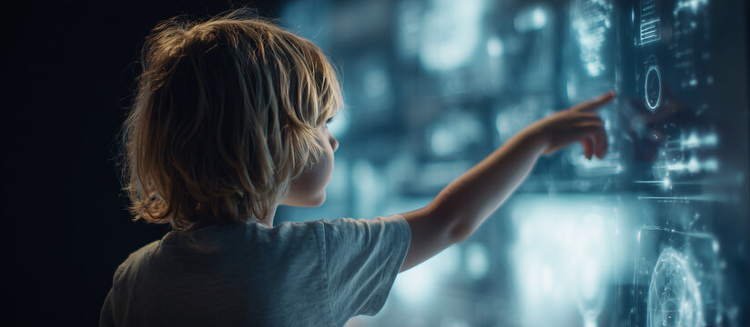 back shot Child interacting with AI technology futuristic interface digital learning innovation