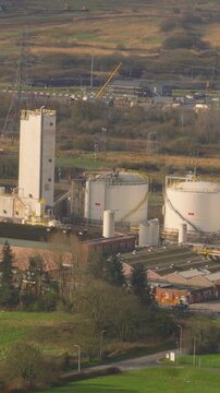 Vertical Video Industrial gases production and distribution facility. Cryogenic air separation, producing liquid oxygen, liquid nitrogen, liquid argon and separation of hydrogen. Used for medical gas.