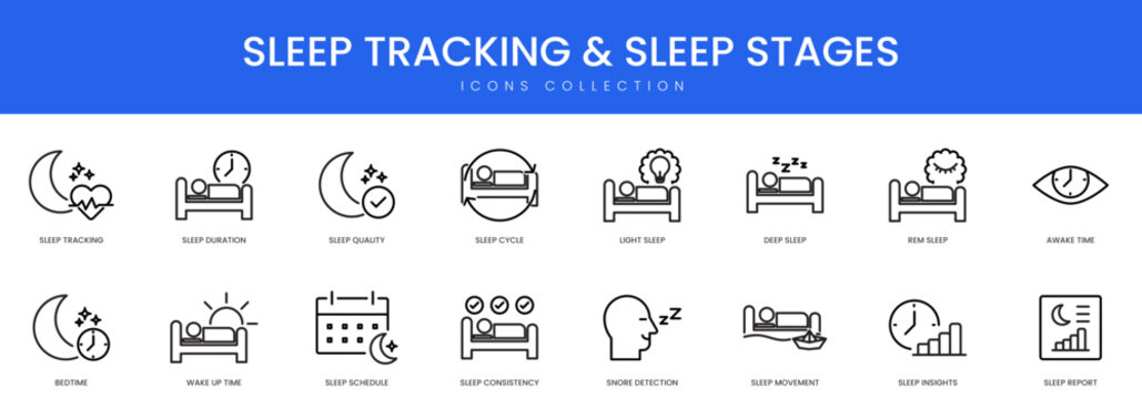 Professional thin line icon set depicting various sleep stages health monitoring and night time routine tracking features