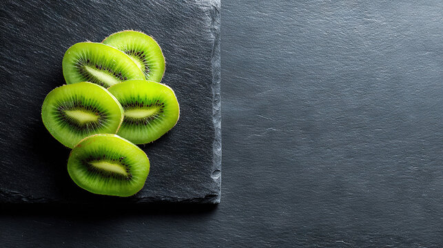 Freshly sliced green kiwi on dark slate