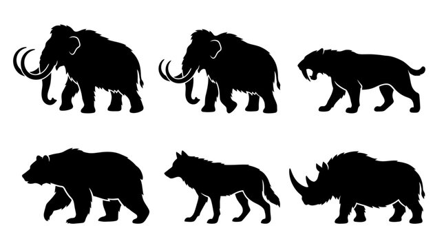 Prehistoric Animals Vector Silhouettes Ice Age Mammoth Saber Tooth Cat Bear Wolf Rhinoceros Extinct Wildlife Megafauna Black Outline Illustration Clipart Graphic Icon Symbol