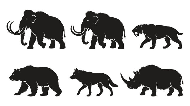 Prehistoric Animals Vector Silhouettes Ice Age Mammoth Saber Tooth Cat Bear Wolf Rhinoceros Extinct Wildlife Megafauna Black Outline Illustration Clipart Graphic Icon Symbol