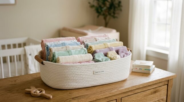 White Woven Storage Basket Filled with Neatly Folded Pastel Baby Clothes