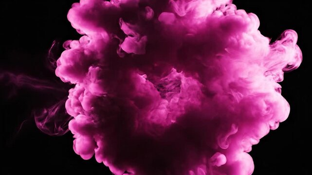 A vibrant cloud of pink colored smoke billows and expands against a stark black background, creating an abstract and dynamic visual effect