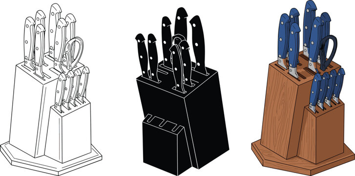 Professional kitchen knife set in wooden block vector illustration featuring chef knives, scissors, and sharpening steel in outline and silhouette.
