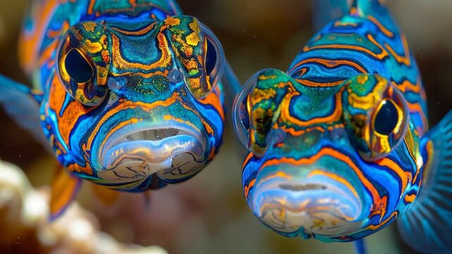 Macro shot of two vibrant mandarin dragonet fish swimming together and looking into camera with their colorful orange blue and green psychedelic patterns on coral reef background