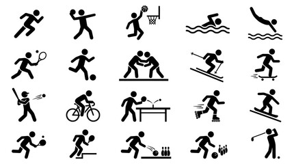 Obraz premium Sports Silhouettes Vector Stick Figures Athletic Activities Running Swimming Cycling Tennis Soccer Baseball Archery Weightlifting Skateboarding Skiing Snowboarding Bowling Clipart Icons Graphic