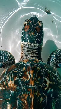 Macro close up of a large sea turtle resting in crystal clear turquoise shallow water on white sand beach during bright sunny day in tropical paradise island environment