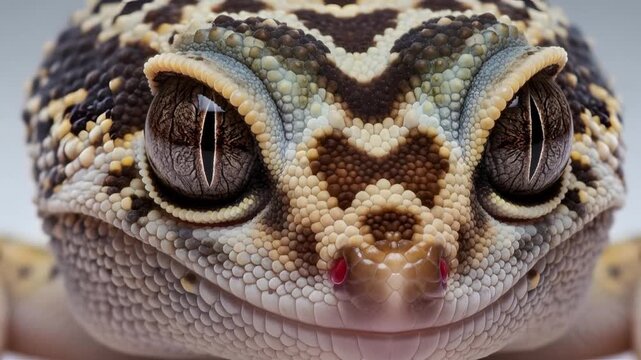 Macro extreme close up of a leopard gecko head with detailed scales and slit pupils looking at camera on white background wildlife reptile portrait
