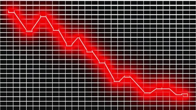 Financial market crash shown by descending red step graph.