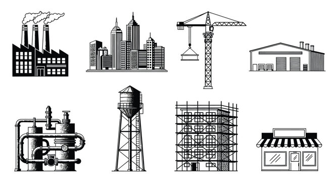 Set of factory, city buildings, construction crane, water tower, industrial buildings, store front, and scaffolding.