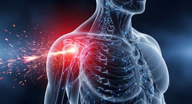 Neural pathways and shoulder nerve pain illustration. Neurology and chronic pain management. Glowing spark effect on a transparent human body showing skeletal and nervous system details