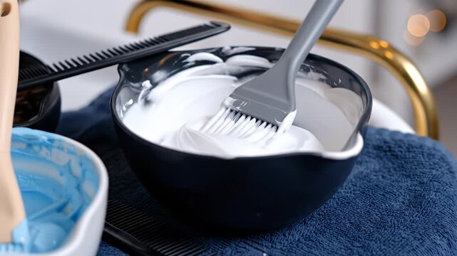 Hair dye in bowl with brush for coloring treatment in salon